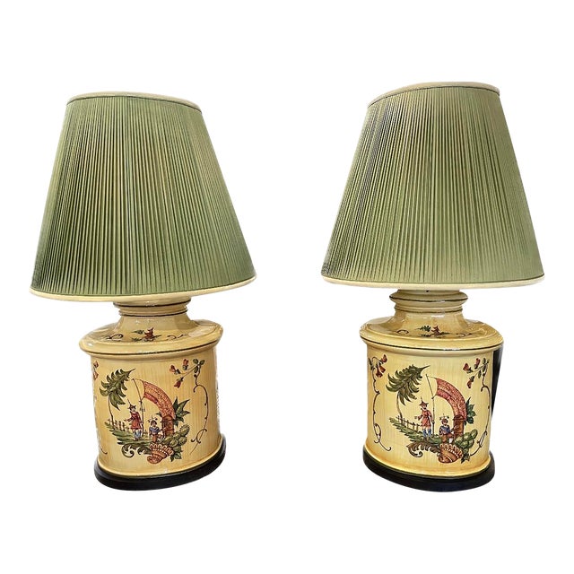 Pair of 1970s Ceramic Chinoiserie Lamps For Sale