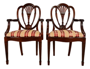 Baker Furniture Style Federal Carved Mahogany Shield Back Armchairs, Pair