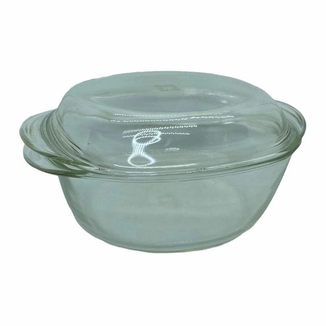 Beautiful vintage rare, hard to find glass casserole ovenware bowl with original wooden carrier frame. Made by Schott...