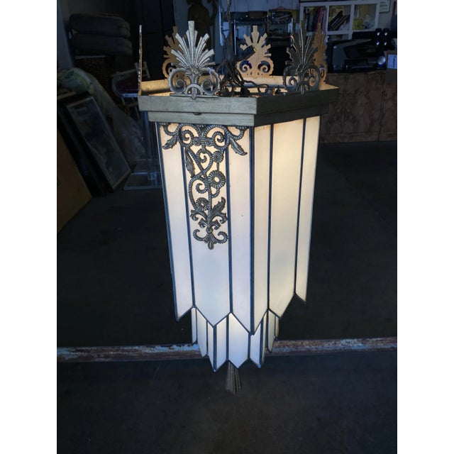 Large Geometric Art Deco Leaded Glass Chandelier W/ Scrolling Top, Available 4 For Sale - Image 4 of 11