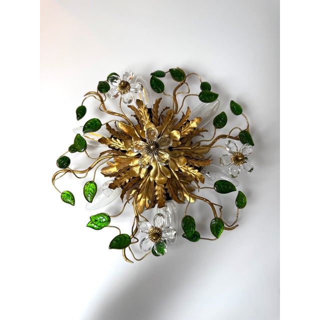 Metal Ceiling or Wall Lamp in Gilded Metal with Murano Glass Leaves and Flowers from Banci Firenze, Italy, 1960s For Sale - Image 7 of 8