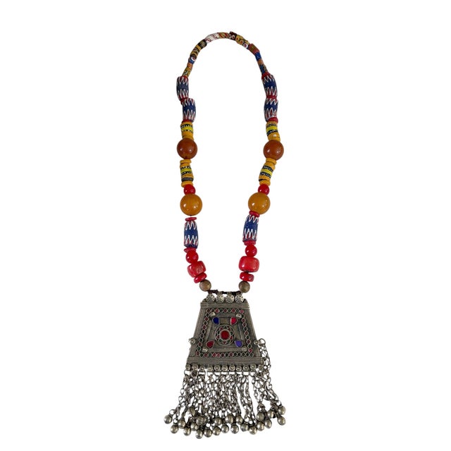 1980s Vintage Tribal Afghan Necklace W/Coral Wall Hanging 22" H For Sale - Image 5 of 10