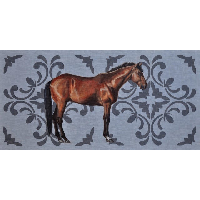 Chestnut by Robin Hextrum | Oil on Masonite Wood Panel Horse standing against a patterned background For Sale