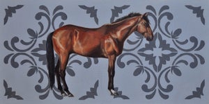 Chestnut by Robin Hextrum | Oil on Masonite Wood Panel Horse standing against a patterned background