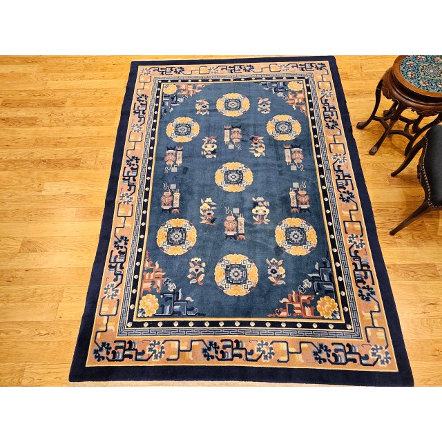 Chinese Vintage Art Deco Chinese Rug, Handwoven Wool Pile, Floral Design, Blue, 6' x 8' For Sale - Image 3 of 14