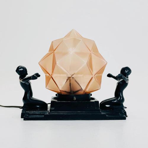 Art Deco Frankart Table Lamp with Kneeling Women and Amber Geometric Glass Shade, 1930s For Sale - Image 12 of 16