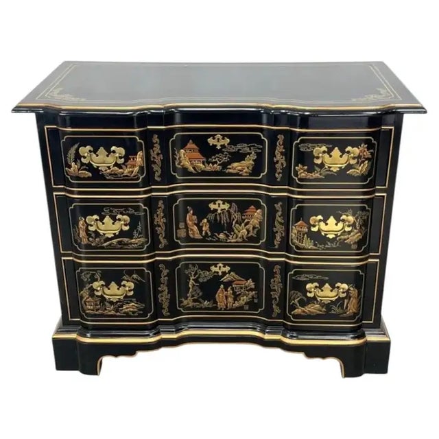 Chinoiserie Gilt Chinoiserie Black Lacquer Serpentine Chest Dresser by Drexel Et Cetera For Sale - Image 3 of 12
