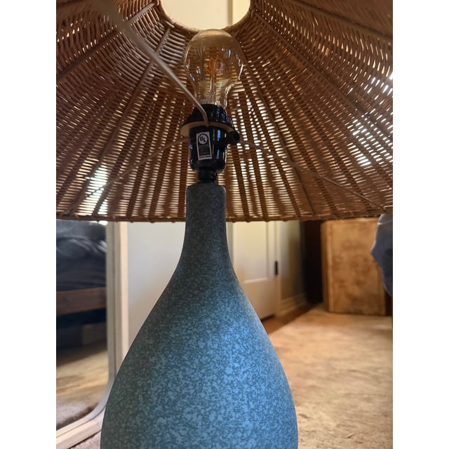 Crate & Barrel Courbe Grey Ceramic Table Lamp With Rattan Shade by Athena Calderon For Sale - Image 4 of 6