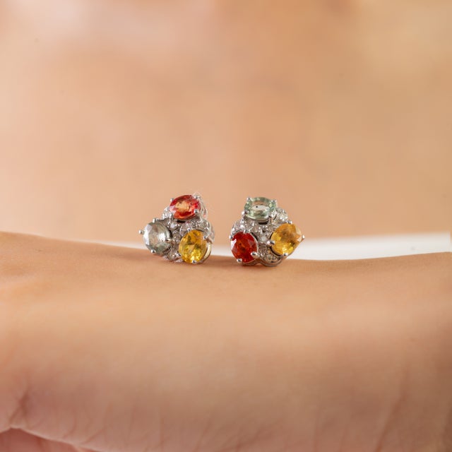 September Birthstone Multi Sapphire & Diamond Cluster Stud Earrings- A Pair For Sale - Image 6 of 11