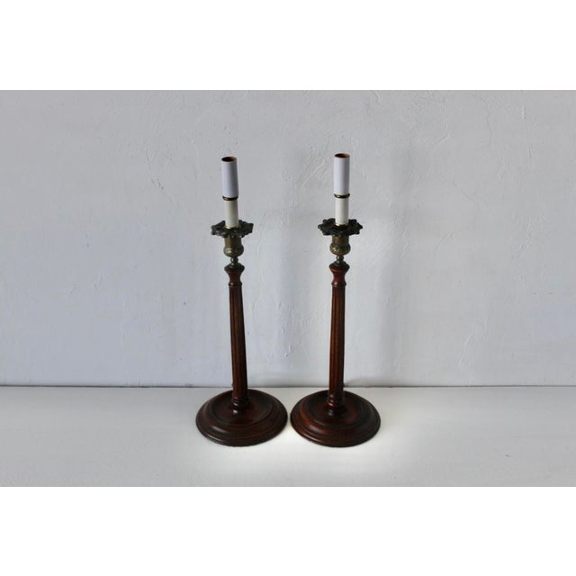 Wood Late 20th Century Georgian Style Mahogany Brass Candlestick Table Lamps - a Pair For Sale - Image 7 of 18