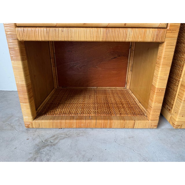 Vintage Coastal Palm Beach Rattan & Woven Cane Nightstands With Glass Tops — A Pair For Sale - Image 12 of 12