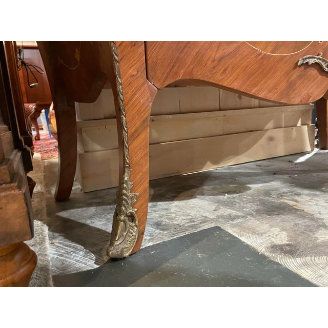 Inlaid Wood Bombe Chest With Tan Marble Top For Sale - Image 9 of 9
