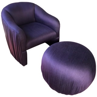 Sculptural Purple Ruched Lounge Chair and Souffle Pouf Ottoman Set, 1980s For Sale