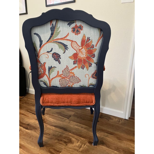 French Provincial Hand-Painted French Provincial Armchair - Navy Blue & Orange Velvet - Whimsical Floral Reupholstered Accent Chair For Sale - Image 3 of 14