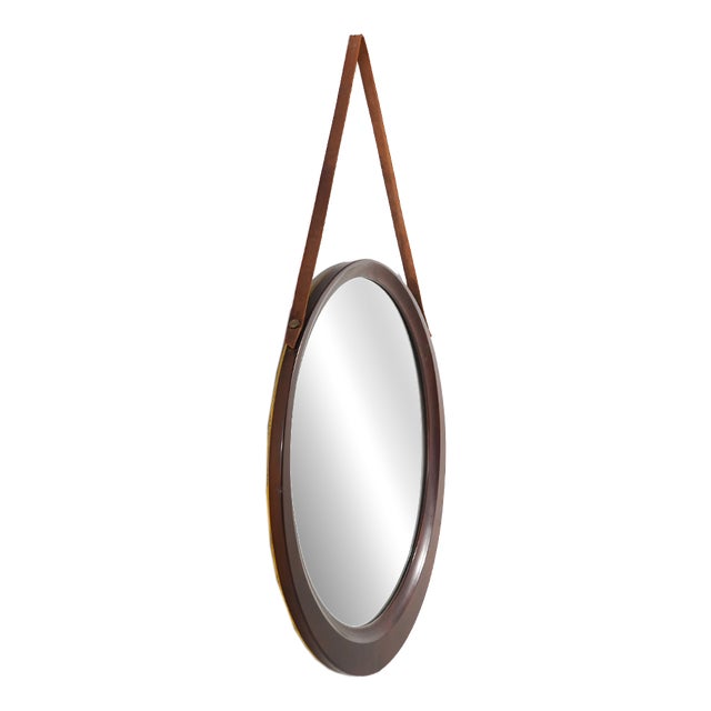 Round Wall Mirror with Leather Strap, 1960s For Sale