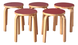L-Leg Stools in Red Linoleum and Birch by Alvar Aalto for Artek, 1960s, Set of 5