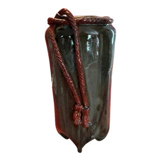 Handmade Artisan Celadon Vase With a Burnt Orange Braid For Sale