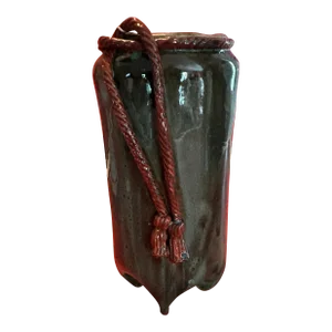 Handmade Artisan Celadon Vase With a Burnt Orange Braid