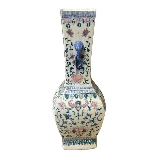 Vintage Oriental Porcelain White Blue Pink Color Flower Bats Graphic Art Vase For Sale