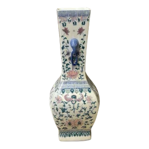 Vintage Oriental Porcelain White Blue Pink Color Flower Bats Graphic Art Vase