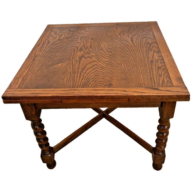 Wood Antique Expanding Pub Kitchen Table Barley Twist Legs English Tiger Oak For Sale - Image 7 of 13