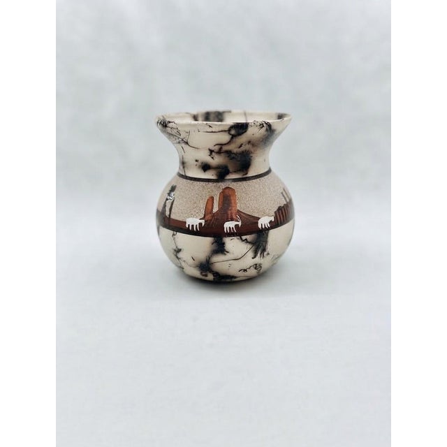 1980s Southwestern Horsehair Pottery Small Vase With Hand-Painted Desert Landscape For Sale
