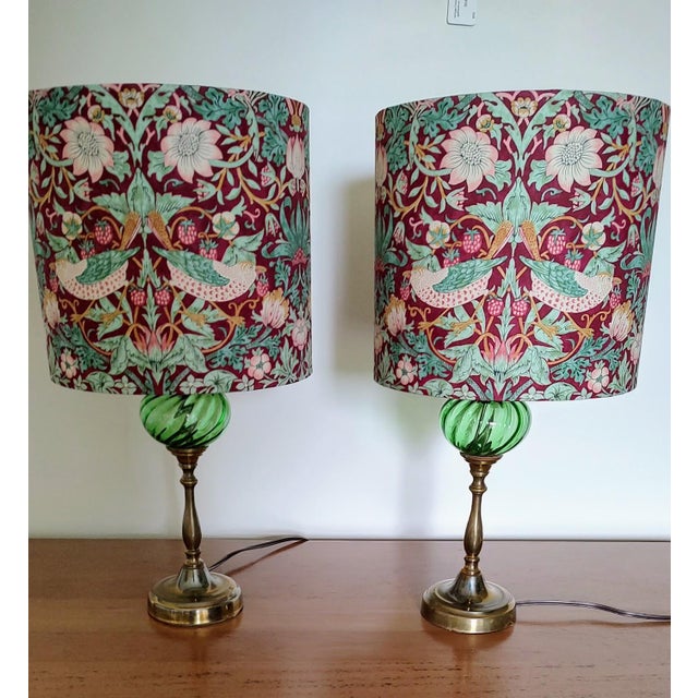 William Morris Pair of Vintage Green Globe Lamps With William Morris Shades For Sale - Image 4 of 10