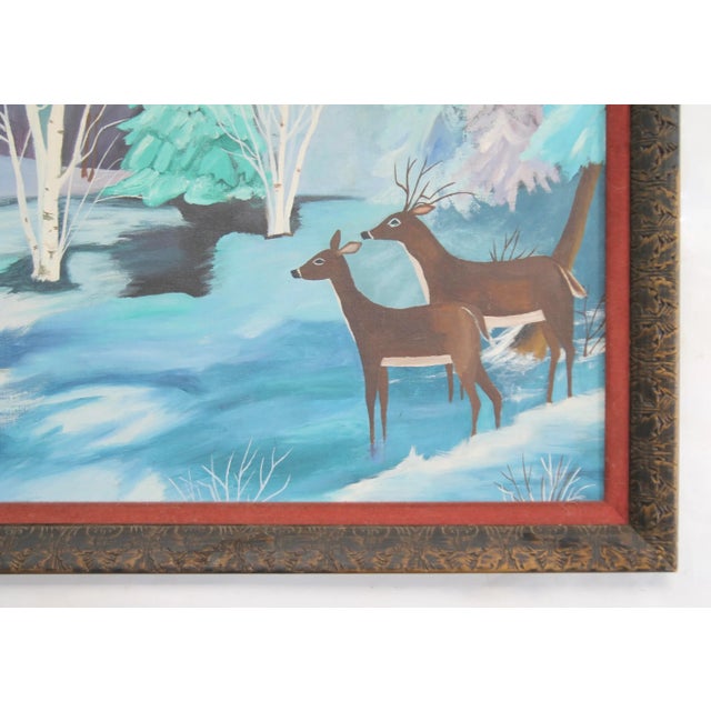 1960s Vintage Oil on Board Folky Deer Painting For Sale - Image 5 of 7