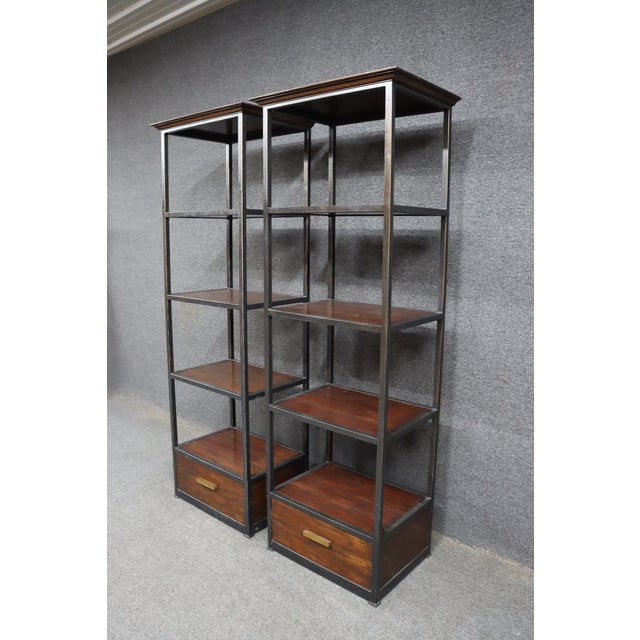 Campaign Pair of Henredon Acquisitions Iron & Mahogany Étagère Bookcases For Sale - Image 3 of 17