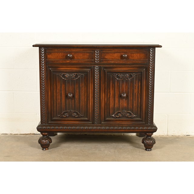 Berkey & Gay Antique English Jacobean Carved Walnut and Burl Wood Bar Cabinet or Server, Circa 1920s For Sale - Image 15 of 15