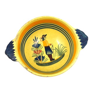 Vintage Henriot Quimper Soleil Yellow Handled Bowl/Cider Cup With Breton Man & Floral Motif For Sale