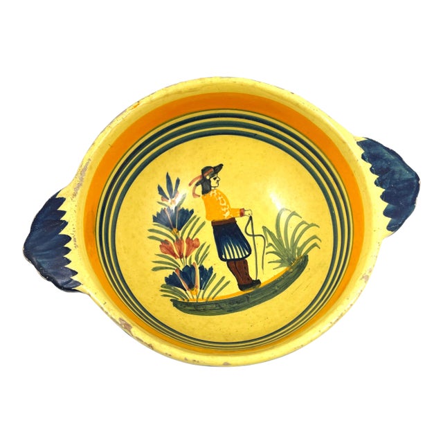 Vintage Henriot Quimper Soleil Yellow Handled Bowl/Cider Cup With Breton Man & Floral Motif For Sale