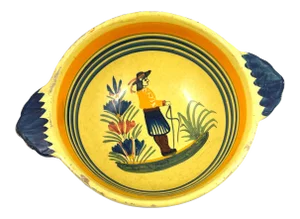 Vintage Henriot Quimper Soleil Yellow Handled Bowl/Cider Cup With Breton Man & Floral Motif