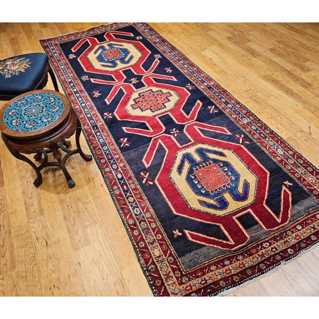 Red Antique Northwest Persian Runner Rug, Hand-Knotted Wool, Geometric Medallions Pattern, 4x10, Navy & Red For Sale - Image 8 of 18
