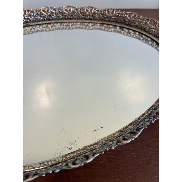 Art Deco Vintage Hollywood Regency Silver Tone Mirrored Vanity Tray For Sale - Image 3 of 10