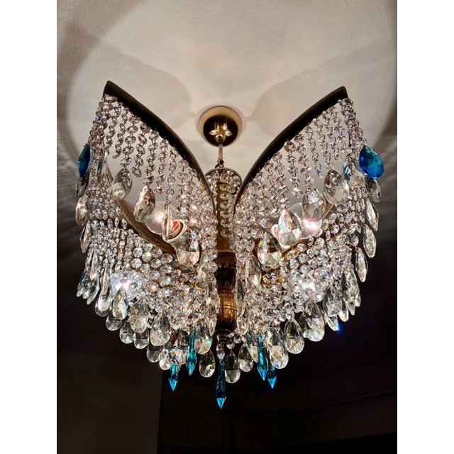1960s Mid-Century Modern Crystal Chandelier With Aqua Blue Drops - Solid Brass Leaf Design Lighting - Rewired & Working⁠ For Sale - Image 6 of 18