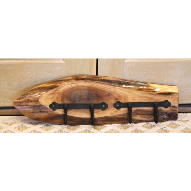 Handmade Raw Edge Wood Plank Coat Rack W/ 4 Large Cast Iron Hooks For Sale - Image 4 of 8