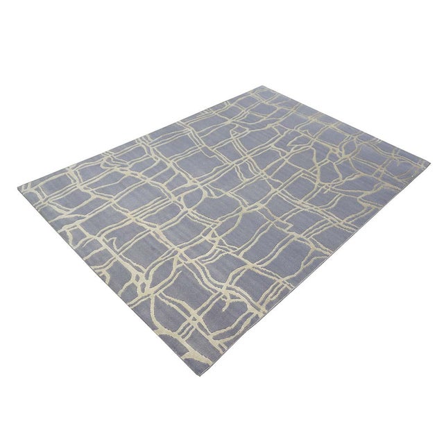 Nepalese Modern Abstract Wool & Silk 4x6 Slate Blue & Ivory Handmade Area Rug #9902908 For Sale - Image 4 of 11