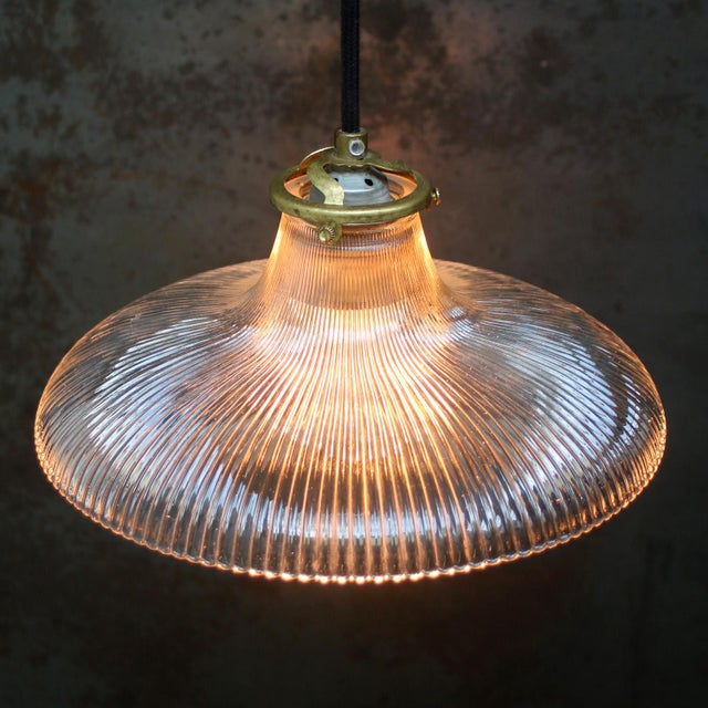 Glass lampshade by holophane, france metal fitting, brass glass holder with pressed glass shade. 2 meters black cotton...