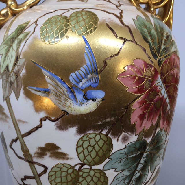 Pair of Large Apposing Royal Bonn Handled Vases in Floral and Bird Motif For Sale - Image 11 of 18