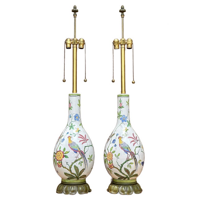 Blush 1970's Monumental Marbro Italian Majolica Pheasant & Tree of LIfe Lamps - A Pair For Sale - Image 8 of 14