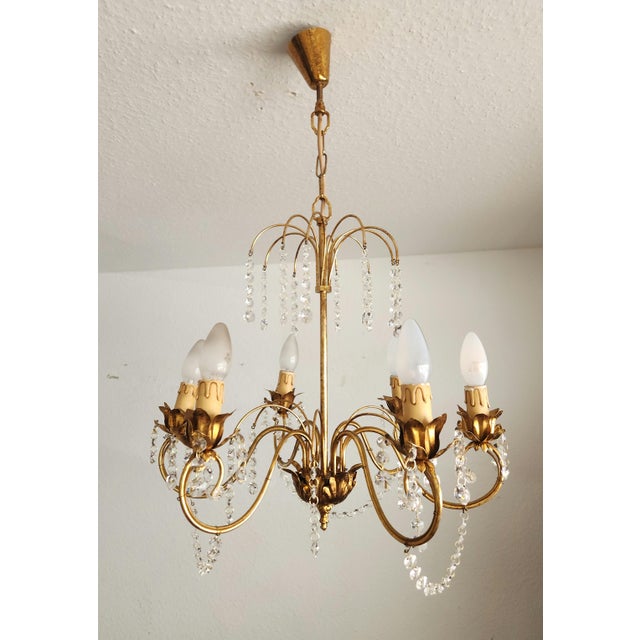 Vintage Hollywood-Regency Gold-Plated Cascade 6-Light Waterfall Chandelier with Crystal Pendants, 1960s For Sale - Image 12 of 18