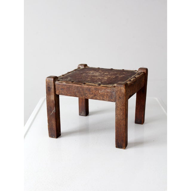 Brown Antique Early American Upholstered Wood Footstool For Sale - Image 8 of 11