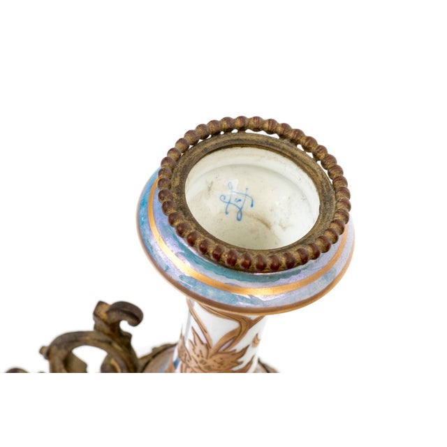 Ceramic Pair of French Sèvres-Style Porcelain Vases With Gilt Bronze Mounts — Hand-Painted Gallant Scenes, Marked France, Late 19th C. For Sale - Image 7 of 11