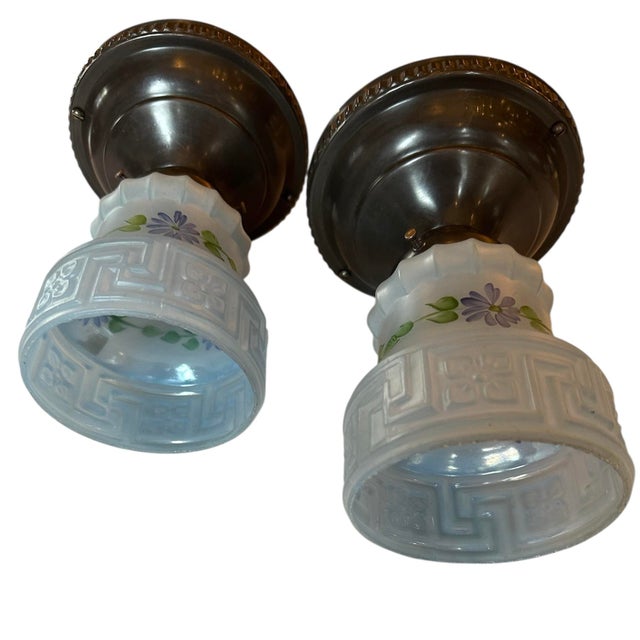 1920s Pair of Blue Opalescent Frosted Glass Flushmounts With Hand Painted Flowers and Geometric Pattern Circa 1920’s For Sale - Image 5 of 5
