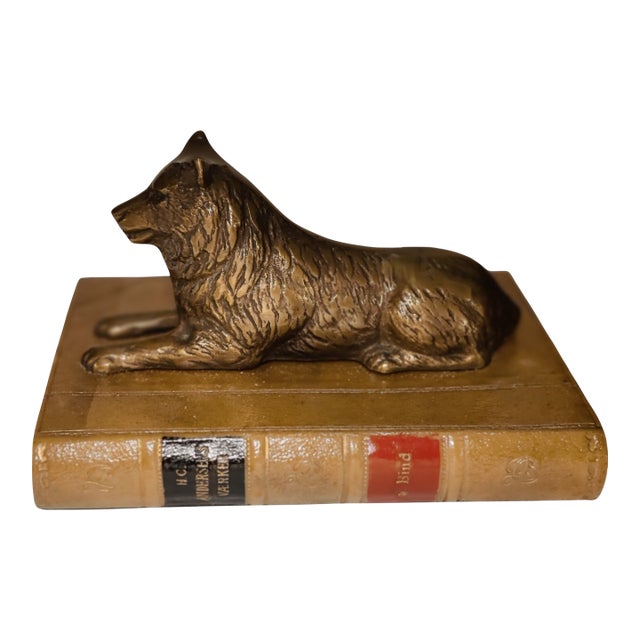 Vintage Sculpture ~ Bronze Wolf Lying on Top of a Book For Sale