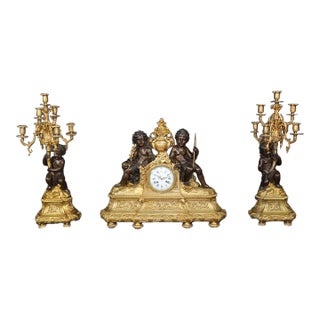19th Century French Louis XV Style Bronze Figural Clock Set by Milliard Paris For Sale