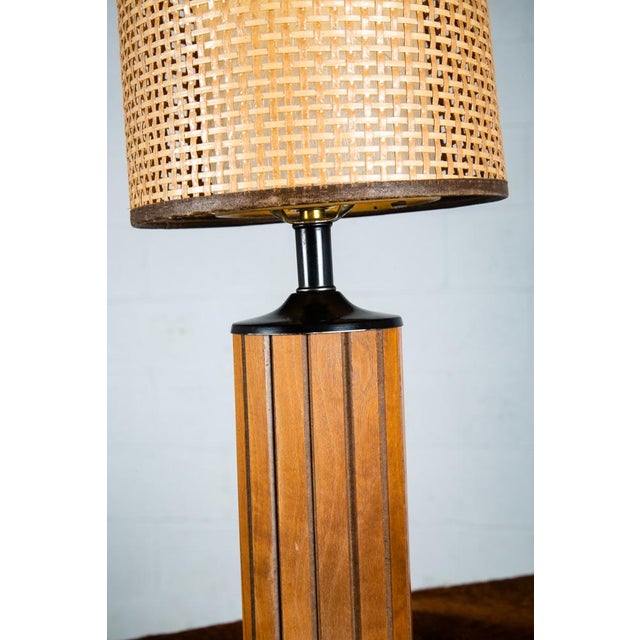 1960s 1960s Mid Century Modern Lamp Set Table Light Lighting Gruvwood Walnut Cane Shade Pair For Sale - Image 5 of 11