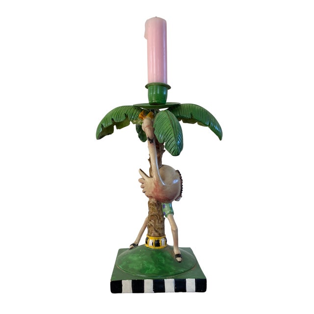 1990s Whimsical Flamingo Under Palm Tree Candle Holder For Sale - Image 4 of 5