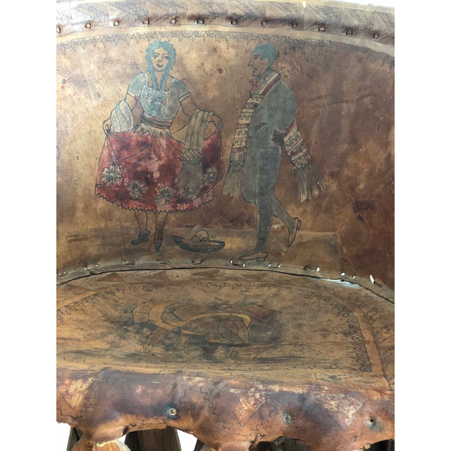 Mexican Equipale Folk Art Chair With Hand-Painted Scene 1930s For Sale - Image 4 of 11